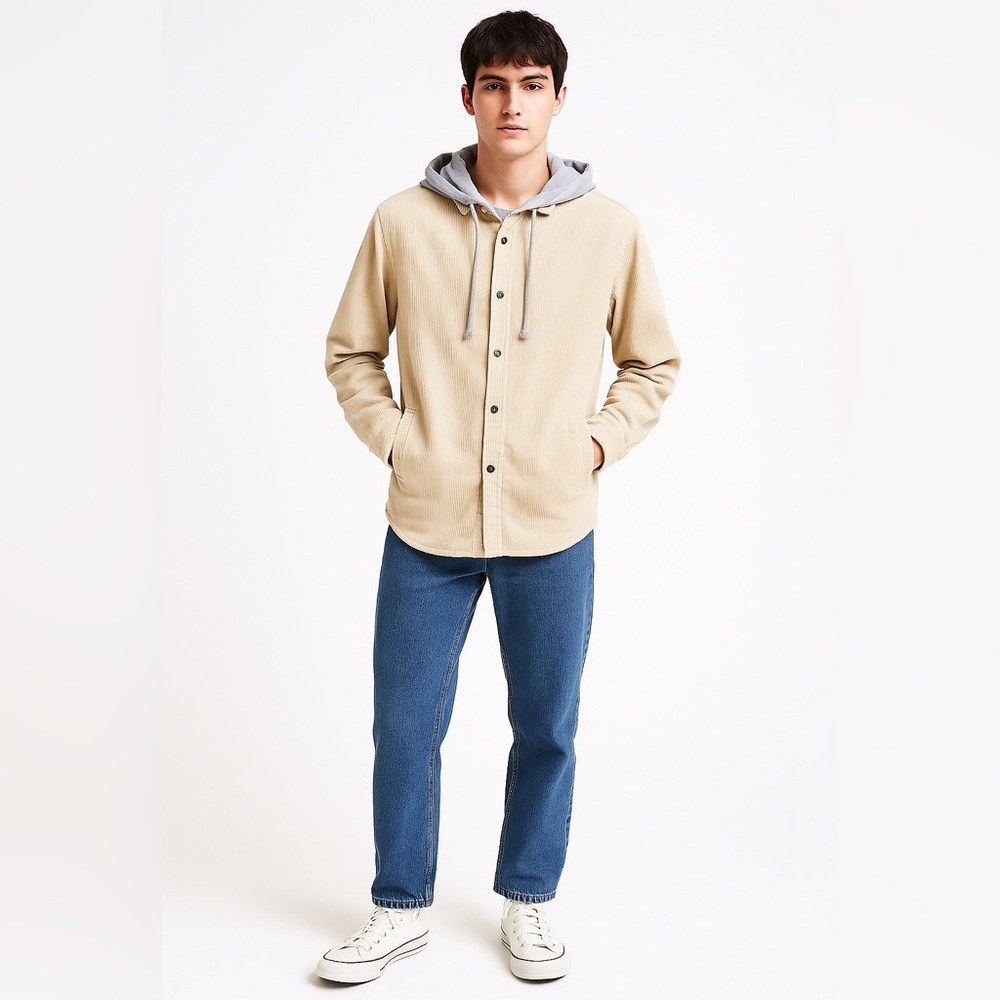 PacSun Tan Corduroy Hooded Shacket Shirt Jacket Beige Gray Hoodie Size Small